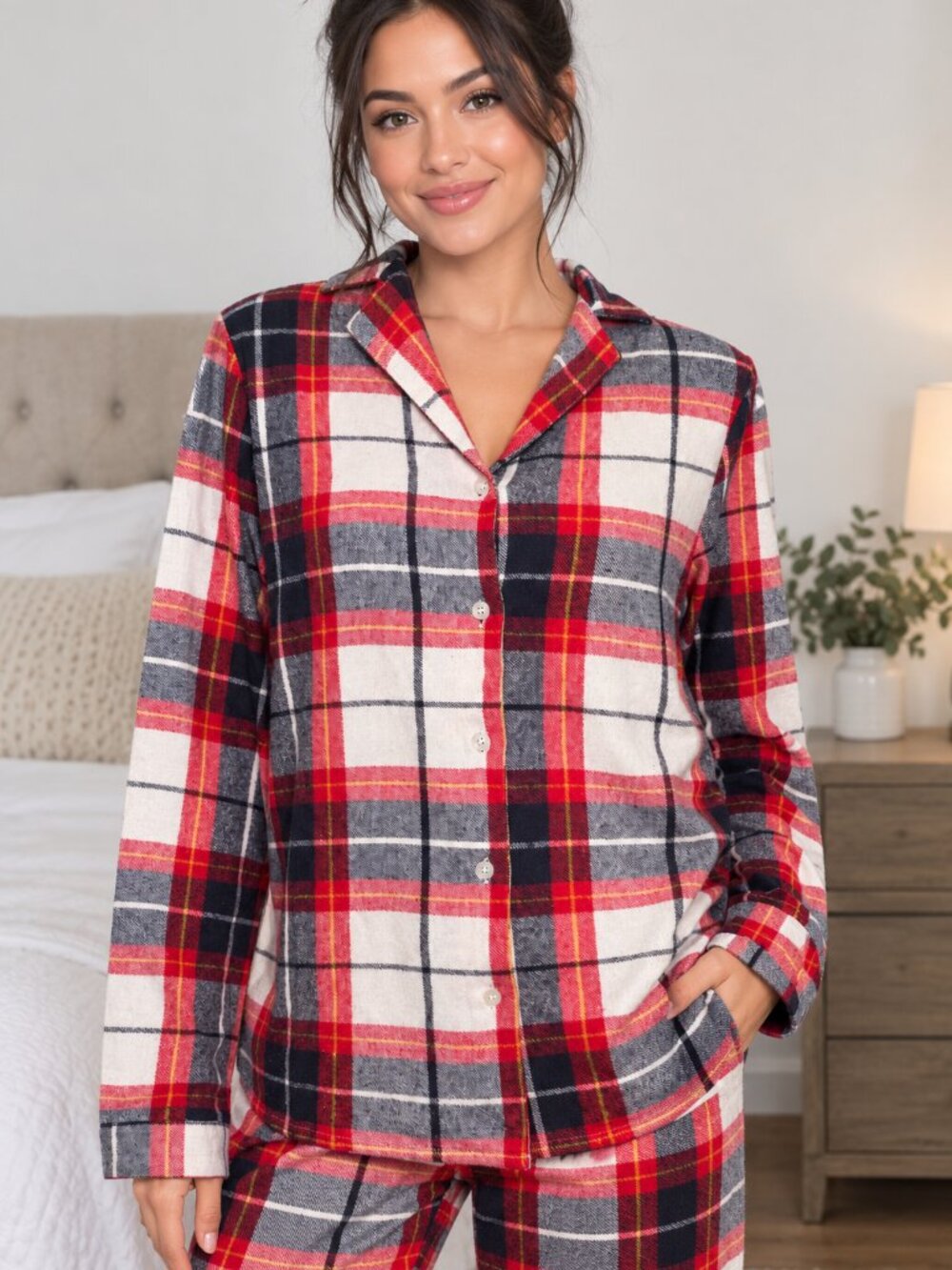 PLT Cozy Navy Red Plaid Checked Long Sleeves Pajama Shirt Top Size S